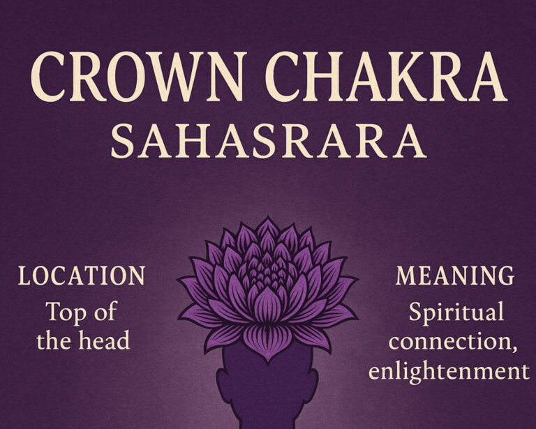A purple graphic showing the Crown Chakra symbol—a thousand-petal lotus—above a head silhouette, with text indicating its location at the top of the head and meaning related to spiritual connection.