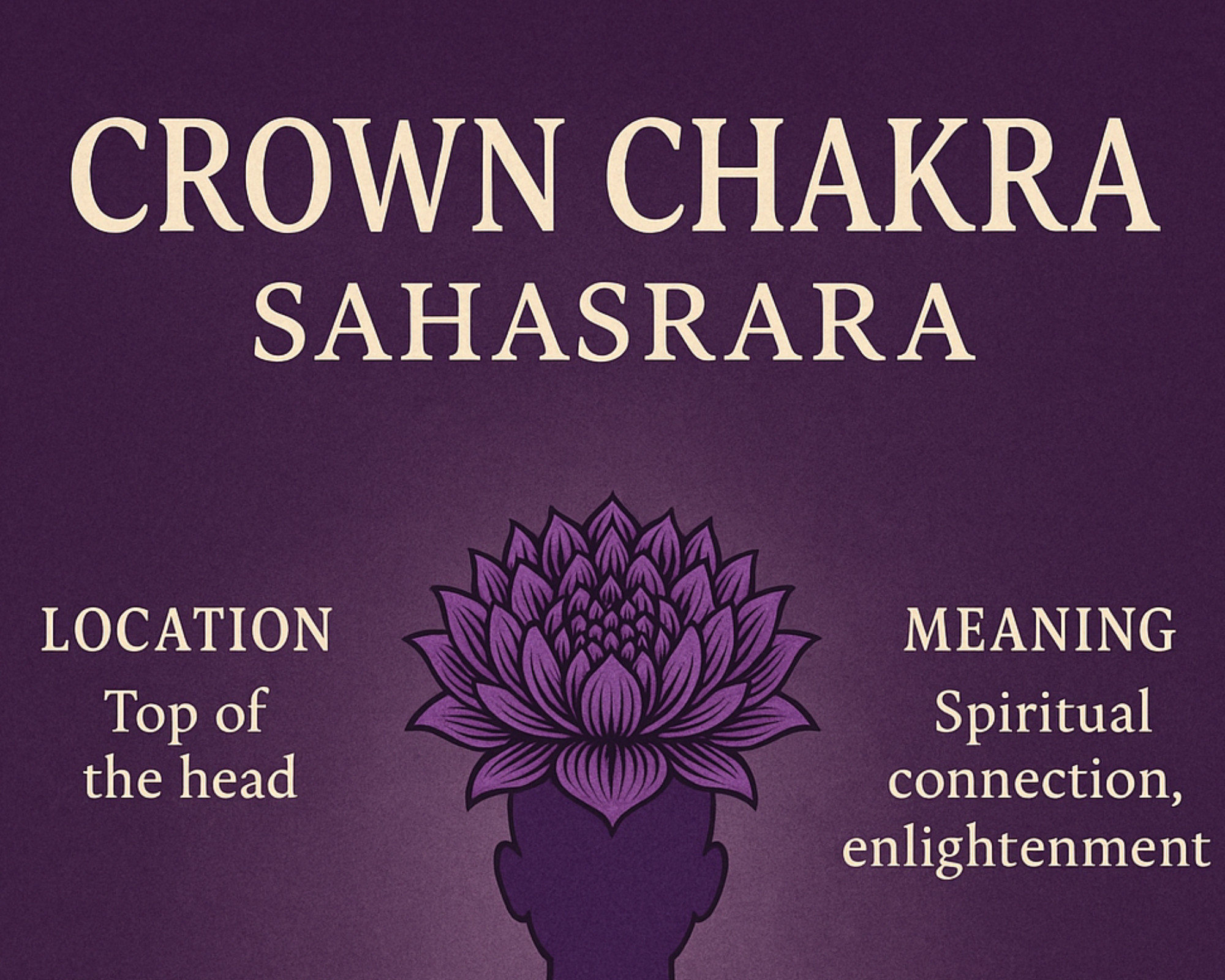 A purple graphic showing the Crown Chakra symbol—a thousand-petal lotus—above a head silhouette, with text indicating its location at the top of the head and meaning related to spiritual connection.