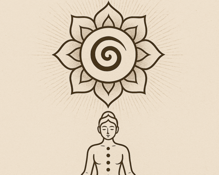 Minimalist illustration of a person meditating with a lotus-like chakra symbol floating above the head, representing the 8th chakra or soul star chakra.