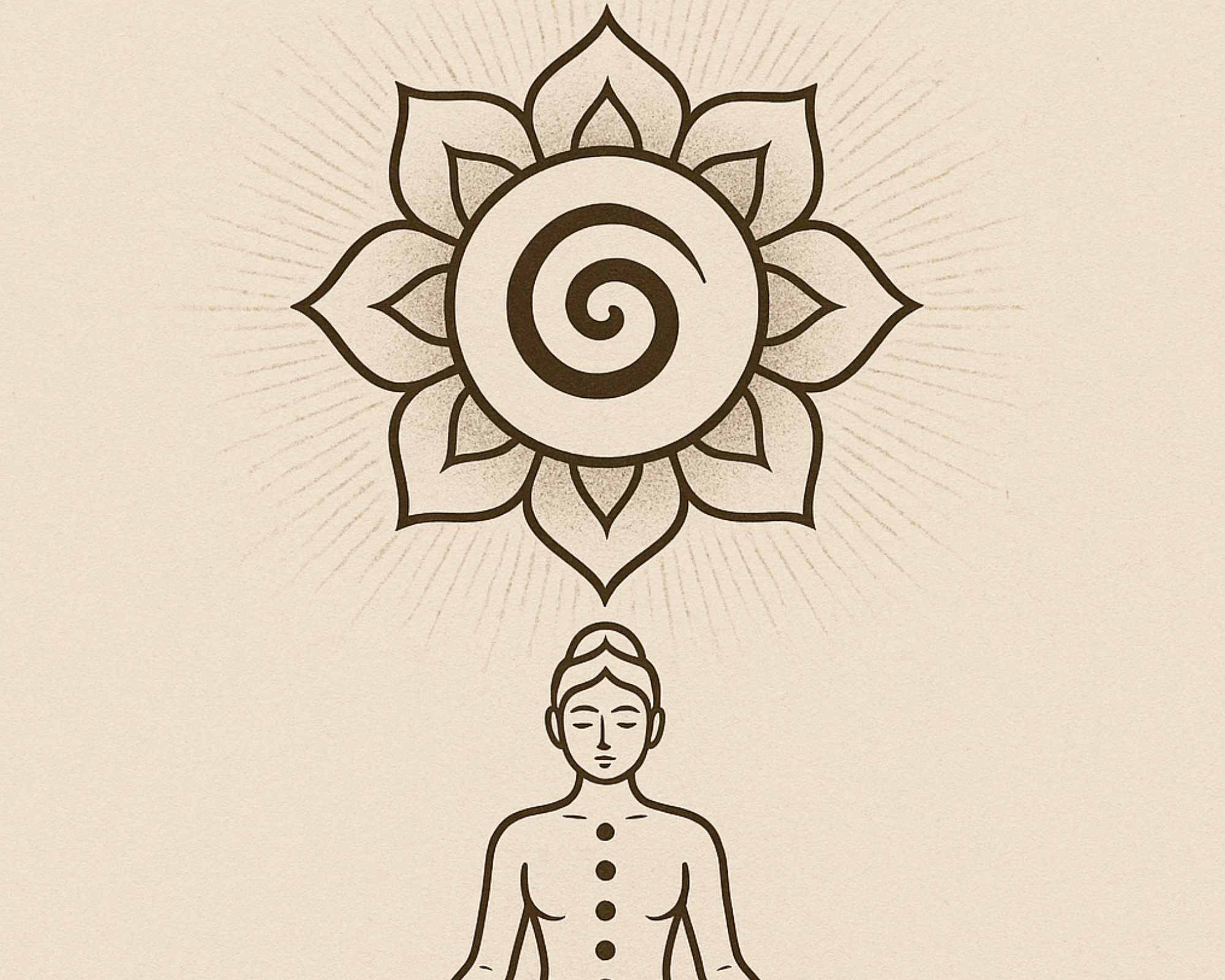 Minimalist illustration of a person meditating with a lotus-like chakra symbol floating above the head, representing the 8th chakra or soul star chakra.