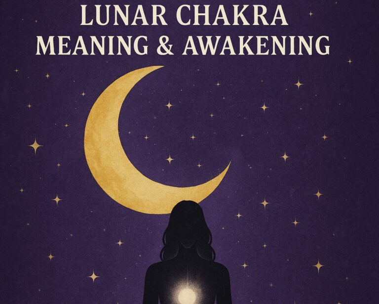 Mystical illustration of a crescent moon above a glowing human figure with the title “Lunar Chakra Meaning & Awakening” on a starry purple background.