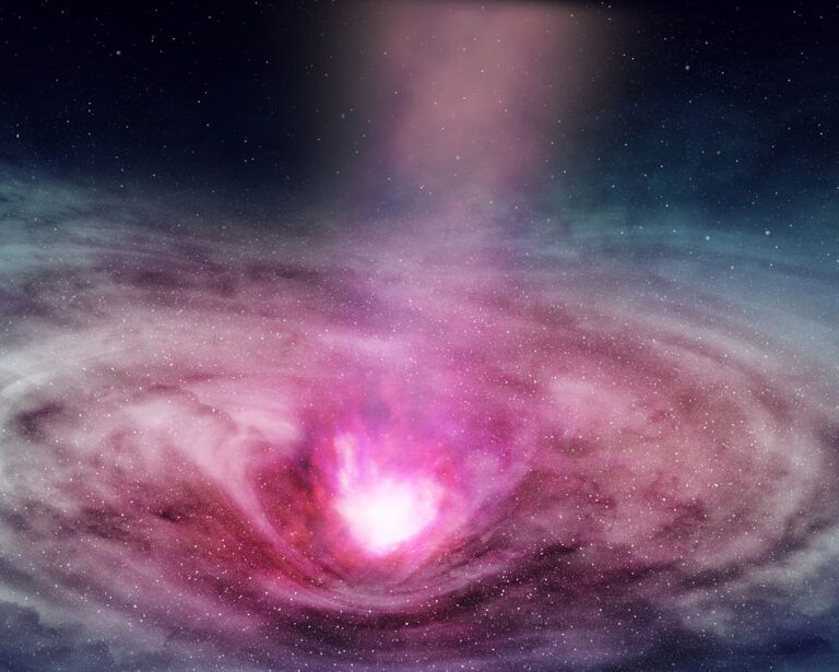 A swirling pink and purple cosmic vortex in deep space, representing universal energy and the expansive frequency of the 11th chakra.