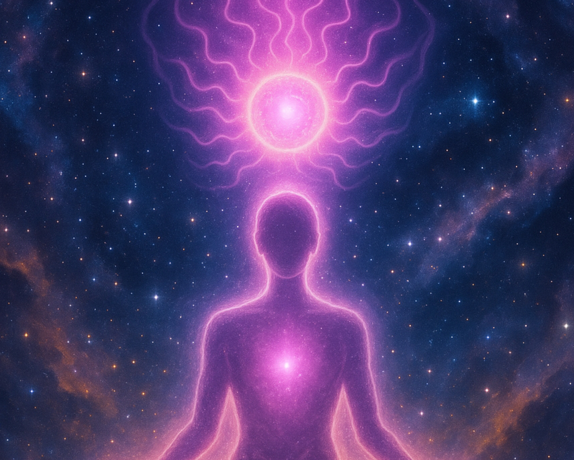 A glowing human silhouette meditating in space with a radiant pink-purple orb above the head, symbolizing the activation of the galactic chakra.