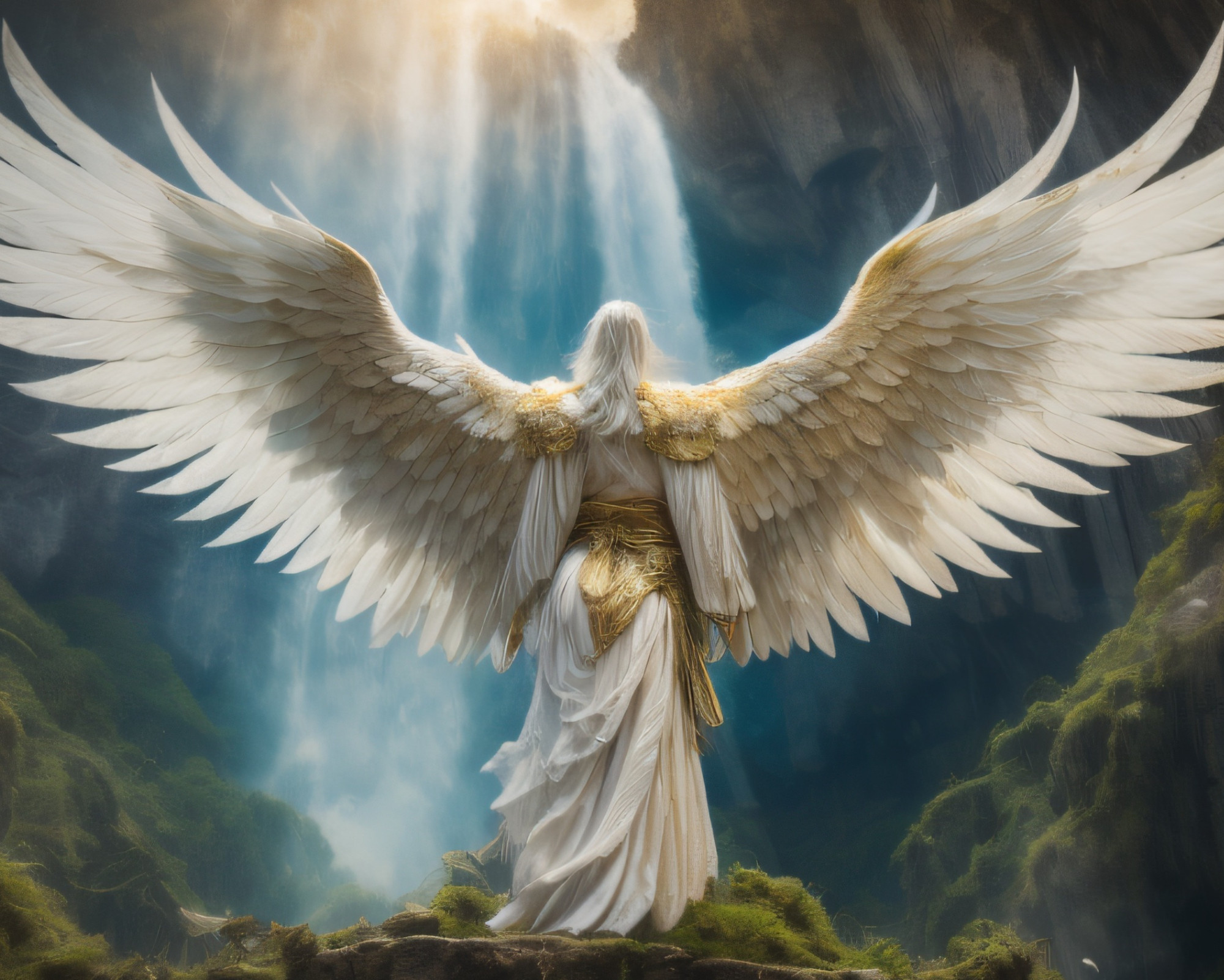 Angel Numbers 11 11 A majestic angel with wide golden wings standing before a waterfall, representing spiritual protection and the deeper meaning behind angel numbers 11 11.