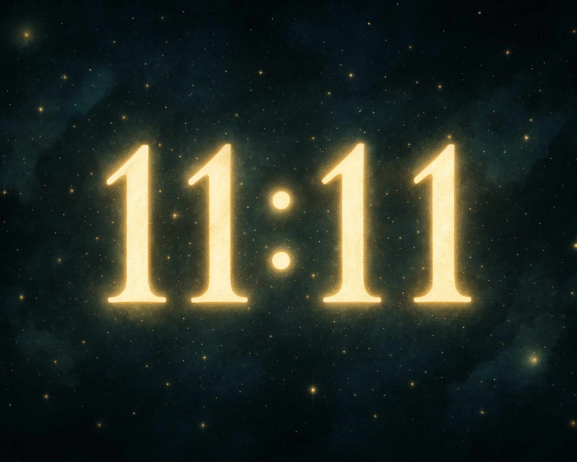 Angel Numbers 11 11 Bright glowing 11:11 appearing in a dark star-filled sky, representing the meaning of 1111 angel numbers and divine alignment.