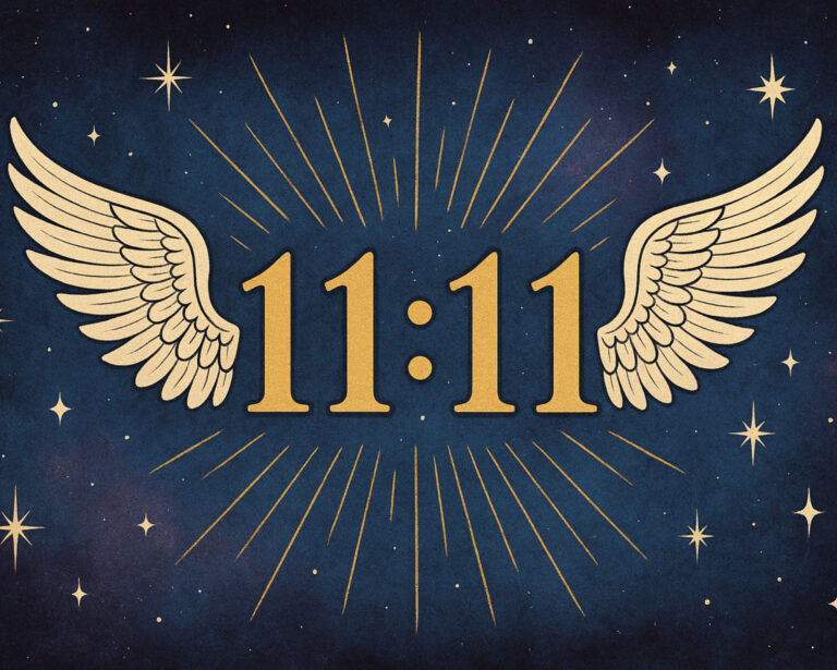 Gold 11:11 with angel wings shining against a starry blue sky, symbolizing angel numbers 11 11 and the spiritual meaning of 1111 angel numbers.