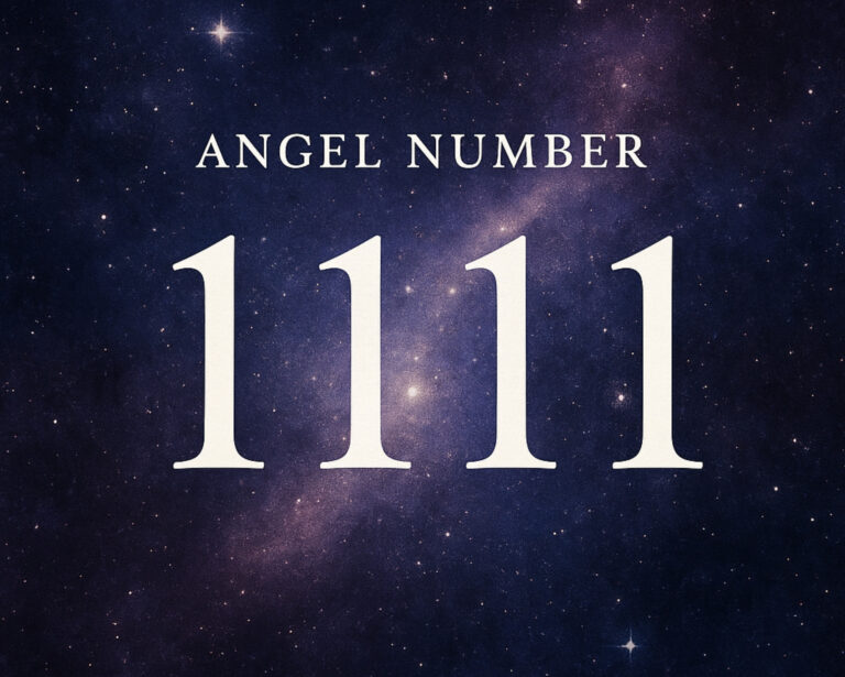 A purple galaxy-themed background with bright white digits 1111 and the text “Angel Number,” illustrating the cosmic energy and intuitive symbolism of 1111 number meaning.