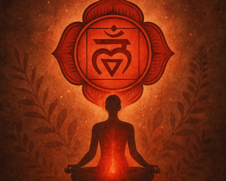 A silhouette of a person meditating with a glowing red Root Chakra at the base of the spine, visualizing grounding, safety, and Muladhara energy activation.