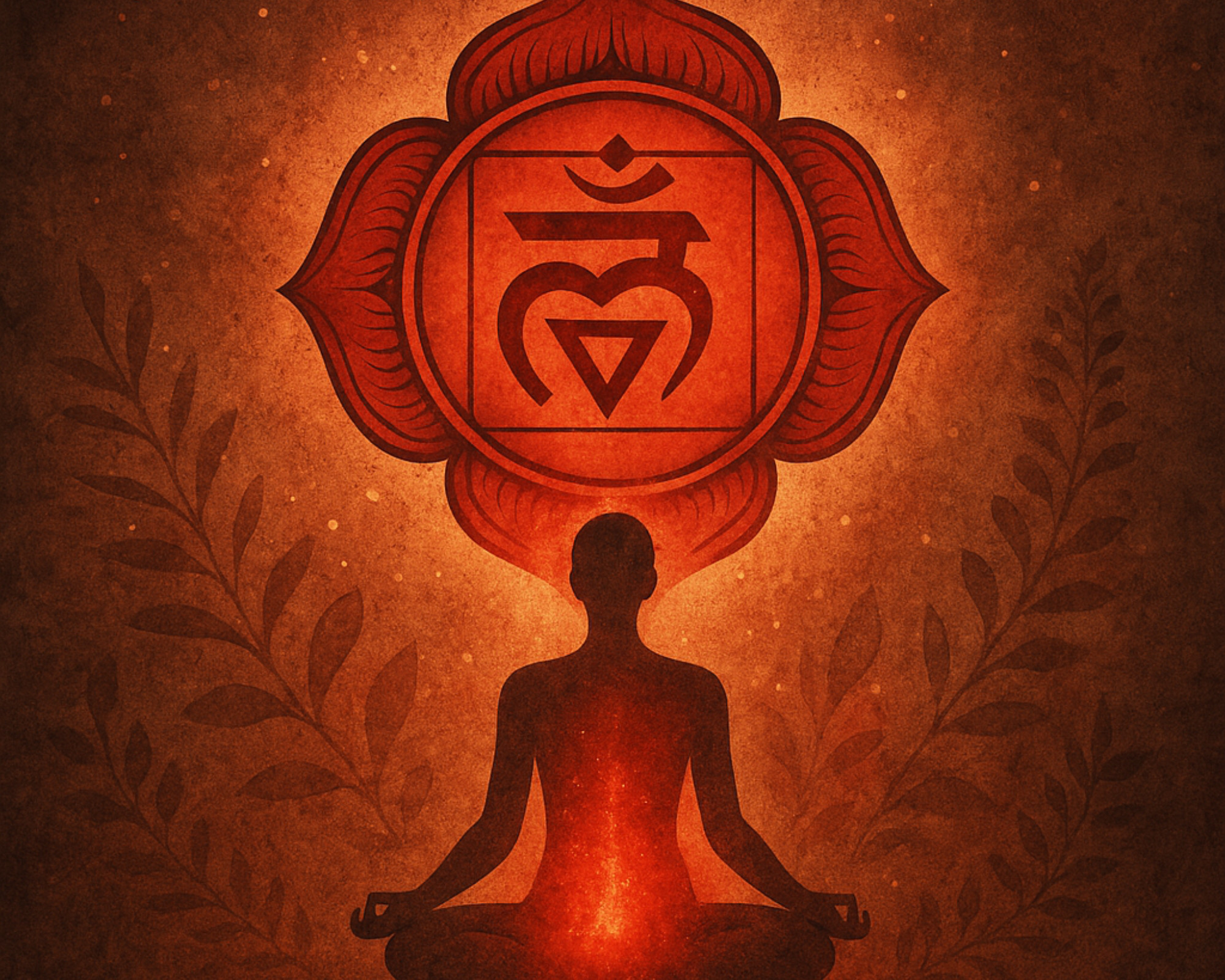 A silhouette of a person meditating with a glowing red Root Chakra at the base of the spine, visualizing grounding, safety, and Muladhara energy activation.