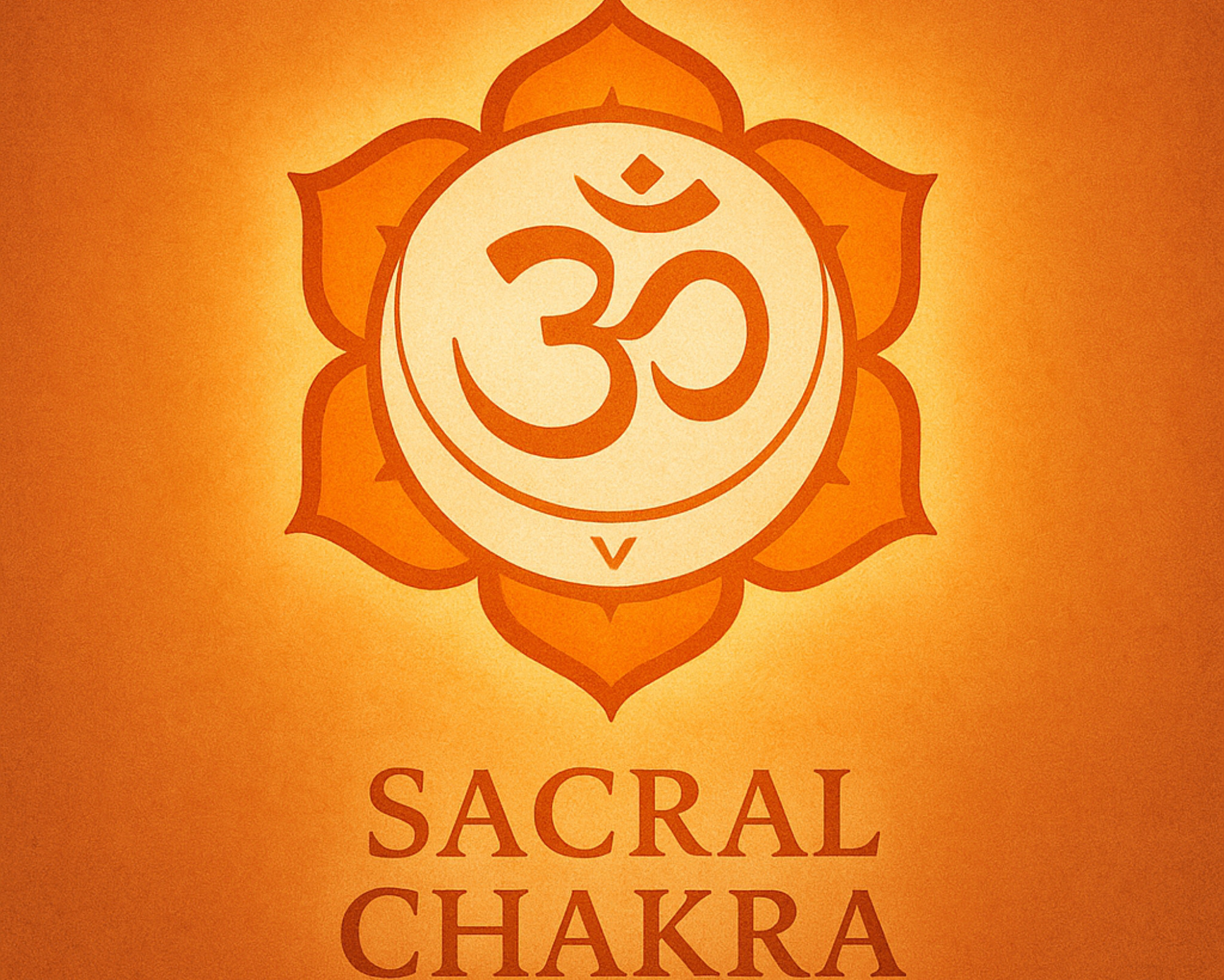 Artistic depiction of the Sacral Chakra with the OM symbol inside an orange lotus, symbolizing emotional flow, creativity, and spiritual awakening.