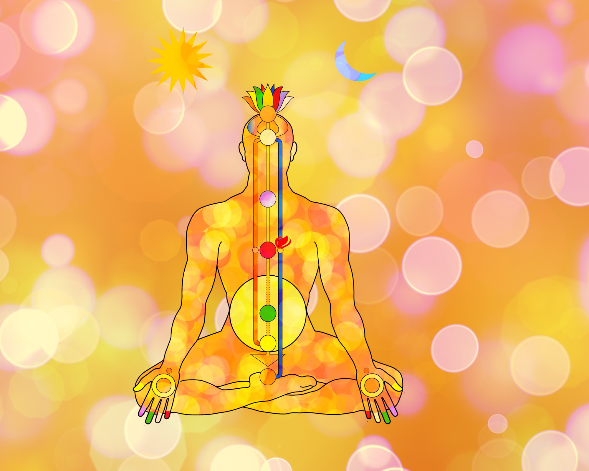 Illustration of a meditating figure with highlighted chakra points against an orange glowing background, emphasizing the Sacral Chakra’s energy.