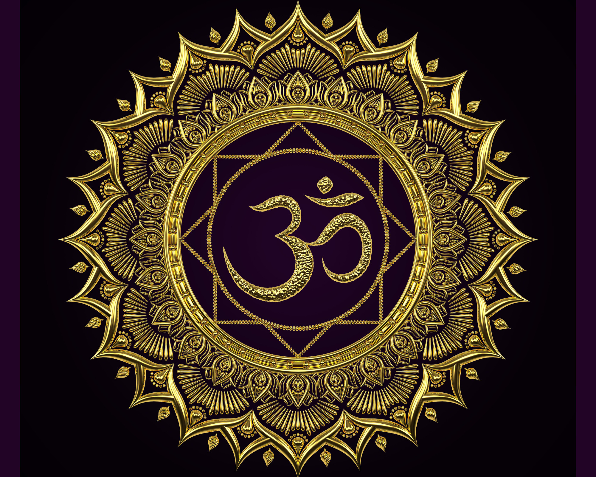 Intricate golden mandala design with the Om symbol in the center on a dark background.
