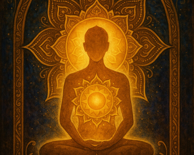 Golden illustration of a meditating person with a radiant solar plexus chakra glowing at the center of the body.