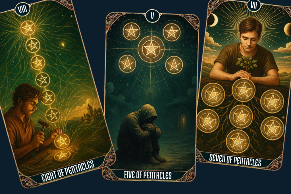 Artwork of the Eight, Five, and Seven cards from the Suit of Pentacles tarot card meaning, showing themes of effort, reflection, patience, and renewal.