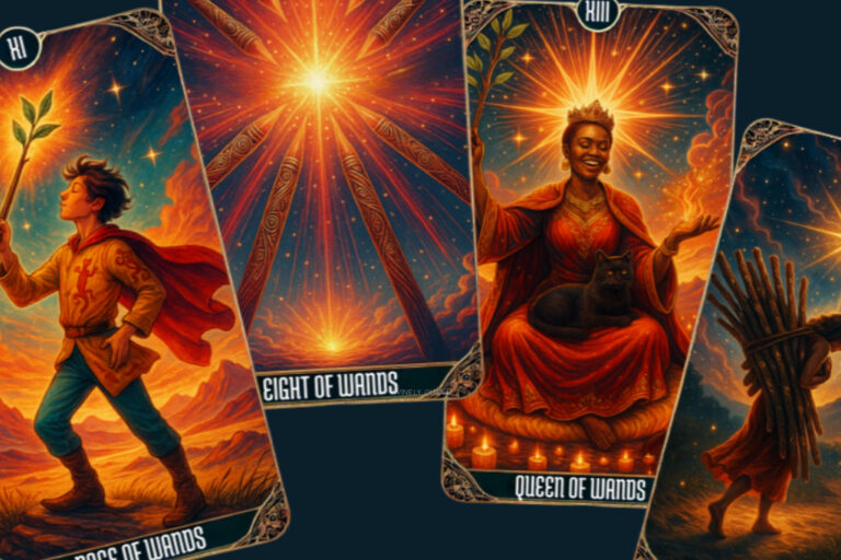 Artwork featuring Page of Wands, Eight of Wands, Queen of Wands, and Ten of Wands illustrating the Suit of Wands tarot card meaning from inspiration to responsibility.