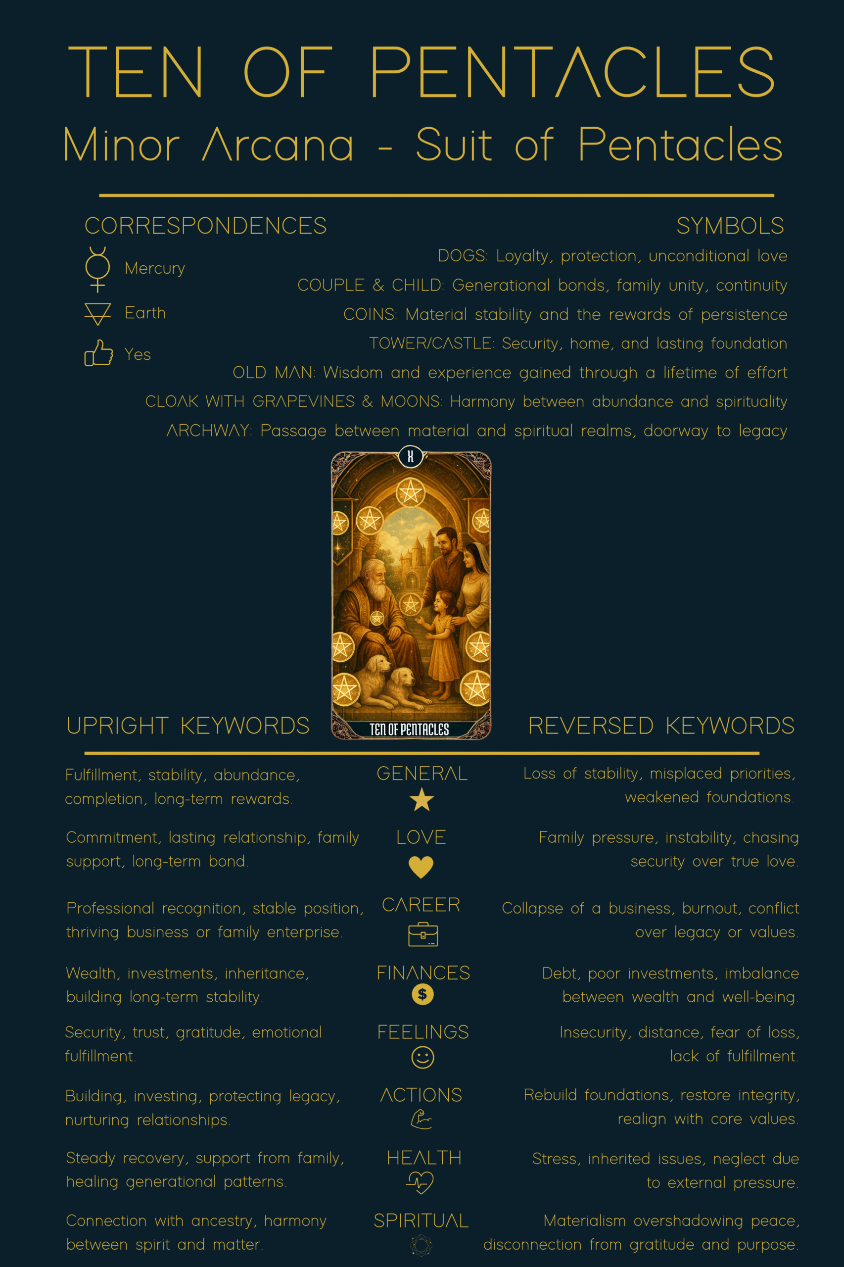 Ten of Pentacles tarot card meaning cheat sheet — detailed symbolism, correspondences, upright and reversed keywords showing legacy, stability, and abundance.