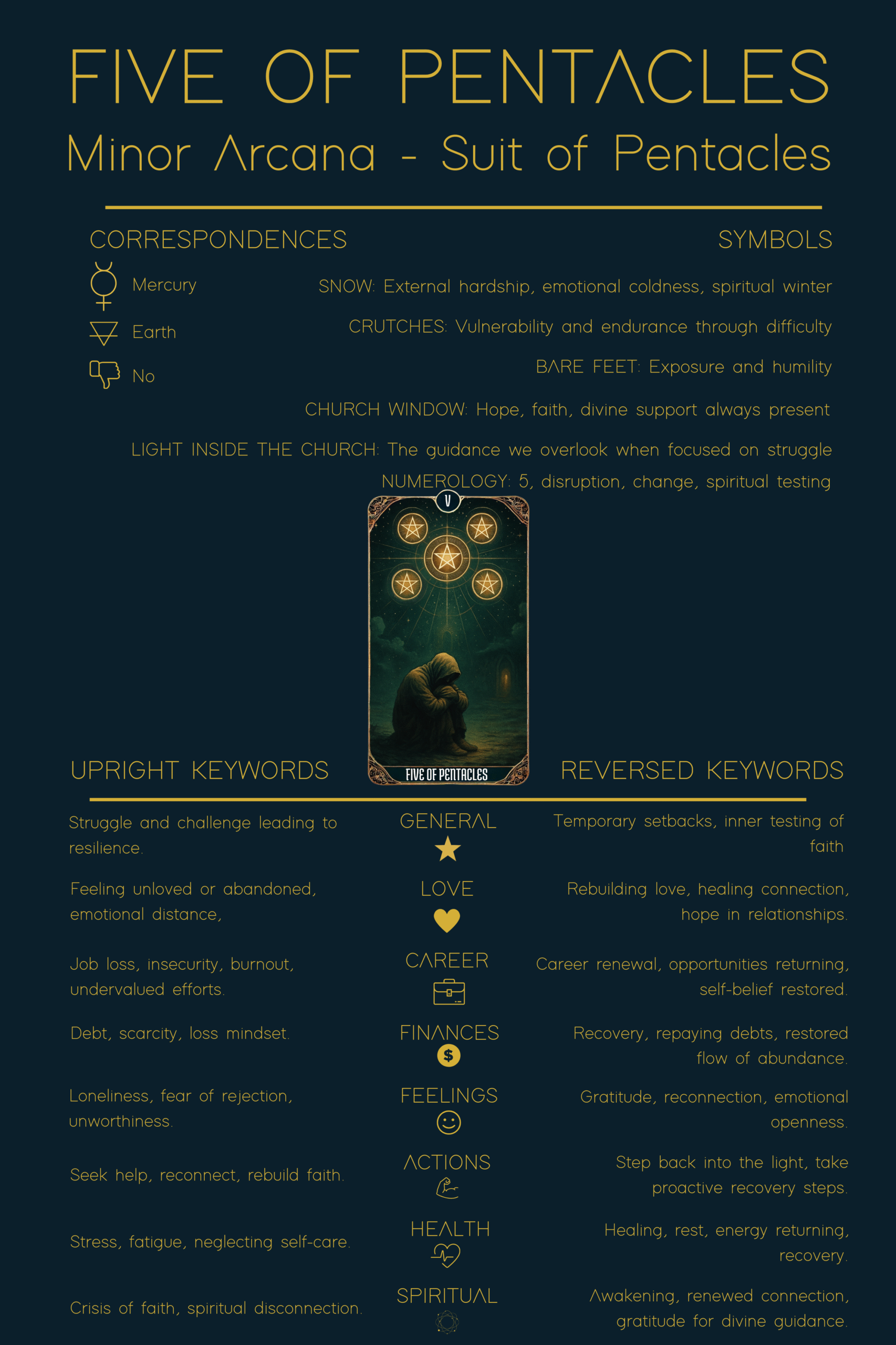 Illustrated Five of Pentacles tarot card cheat sheet showing correspondences, symbols, upright and reversed keywords, summarizing the spiritual and practical meanings of this Minor Arcana card.