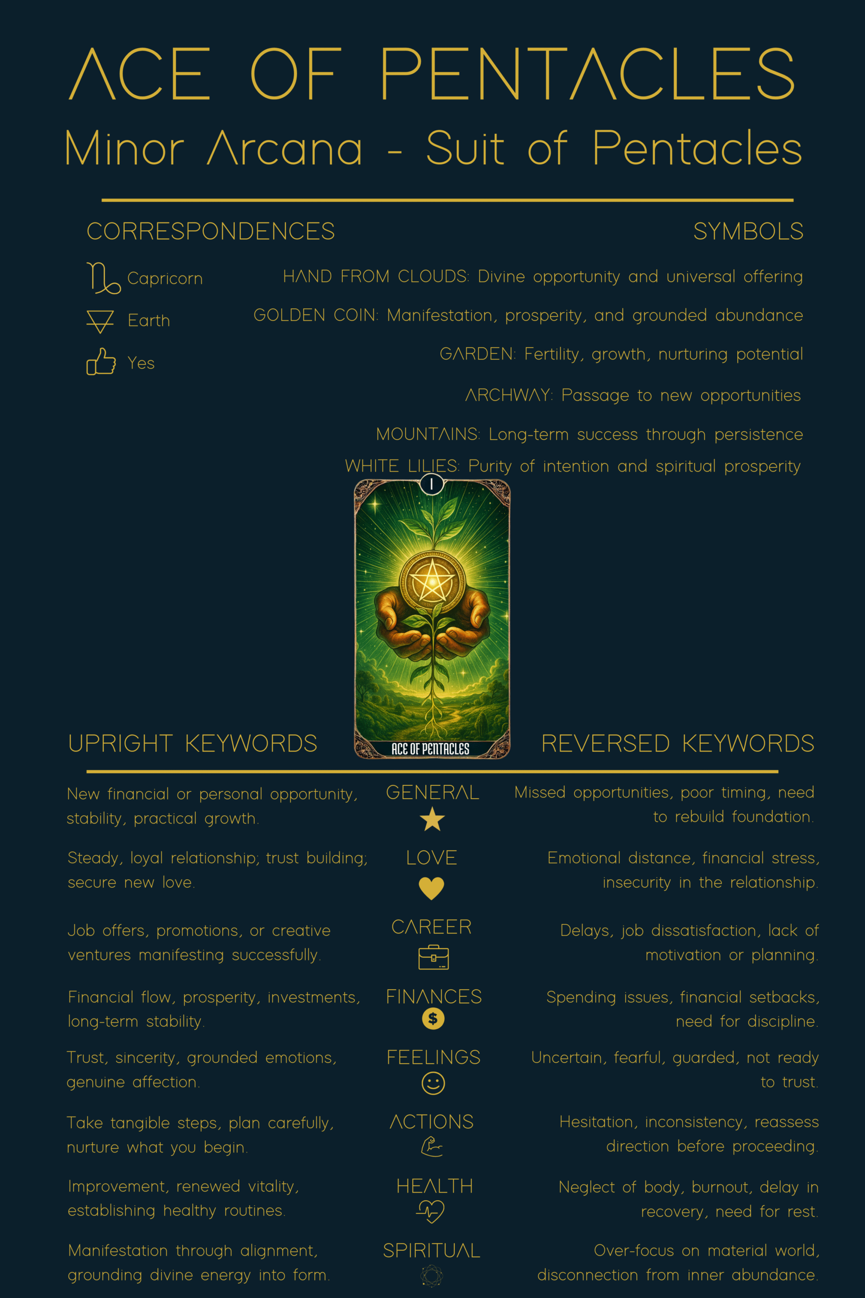 Ace of Pentacles tarot card meaning cheat sheet with upright and reversed keywords, Earth element correspondences, and symbolism of growth, abundance, and manifestation.