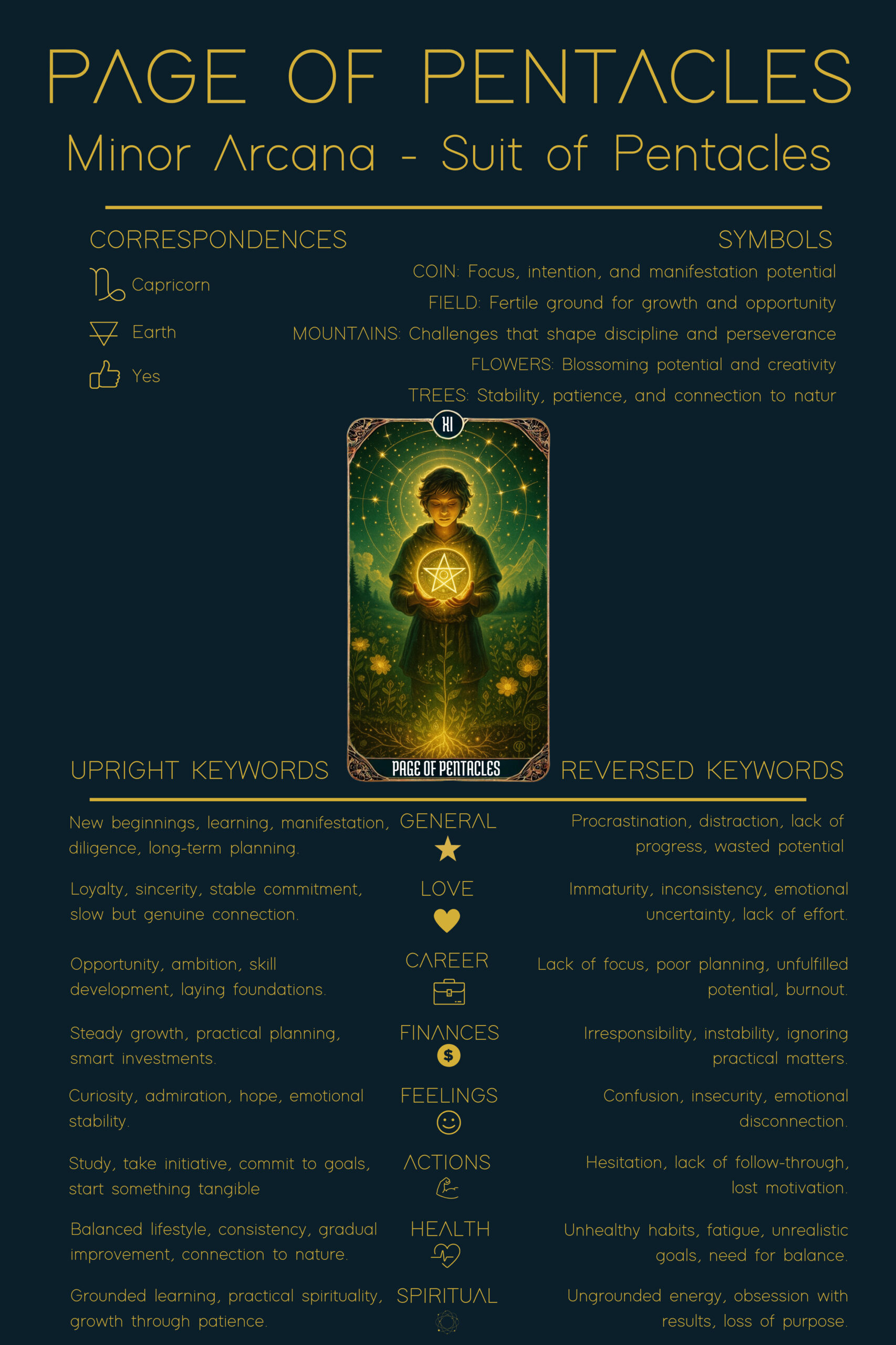 Illustrated Page of Pentacles tarot card meaning cheat sheet showing upright and reversed keywords, symbolism, and correspondences related to Earth, Capricorn, and manifestation energy.