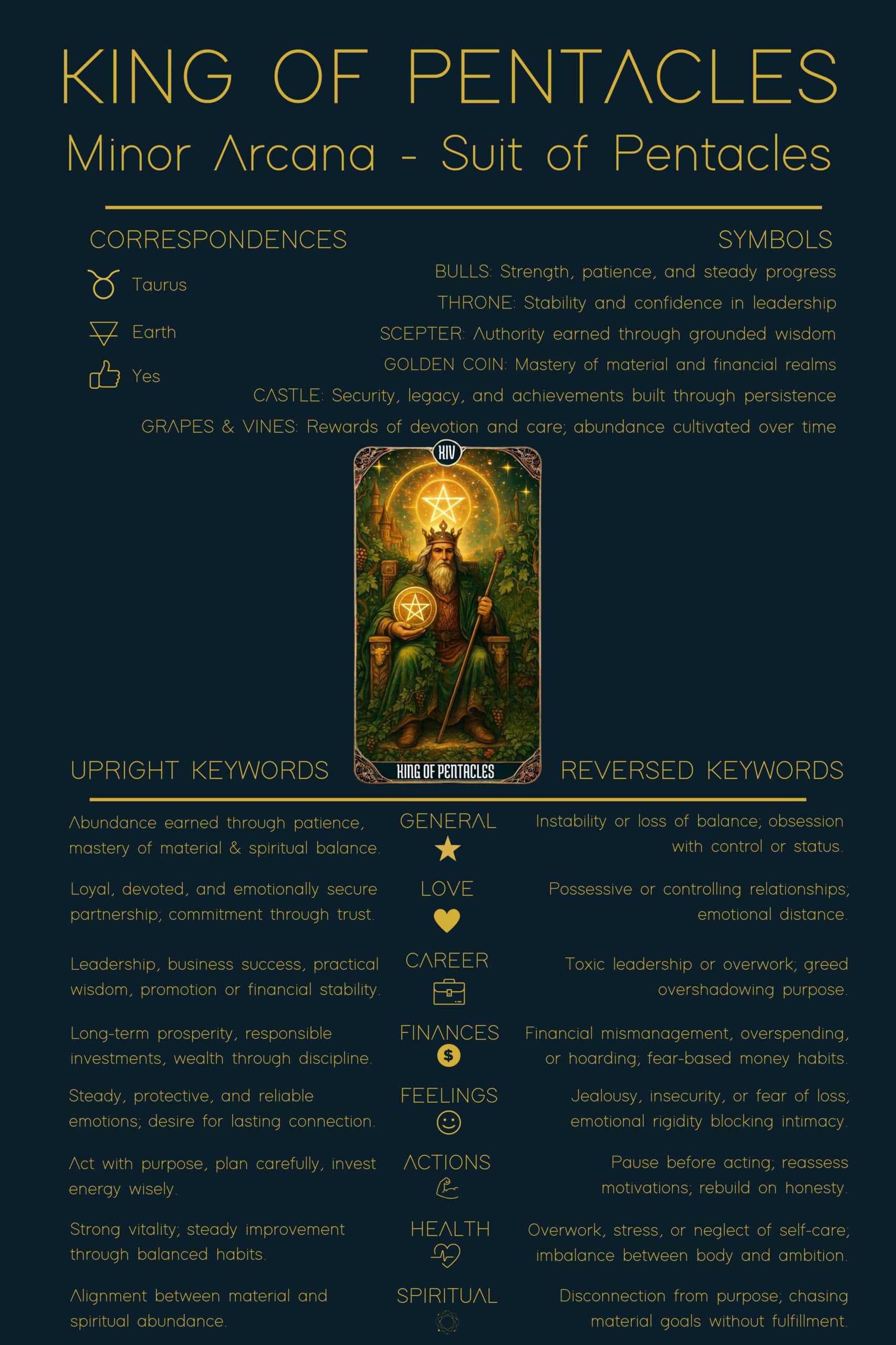 Tarot King of Pentacles - Minor Arcana Tarot Card Meanings A King of Pentacles tarot card meaning reference chart showing correspondences, symbols, upright and reversed keywords, and interpretations of love, career, and spirituality.