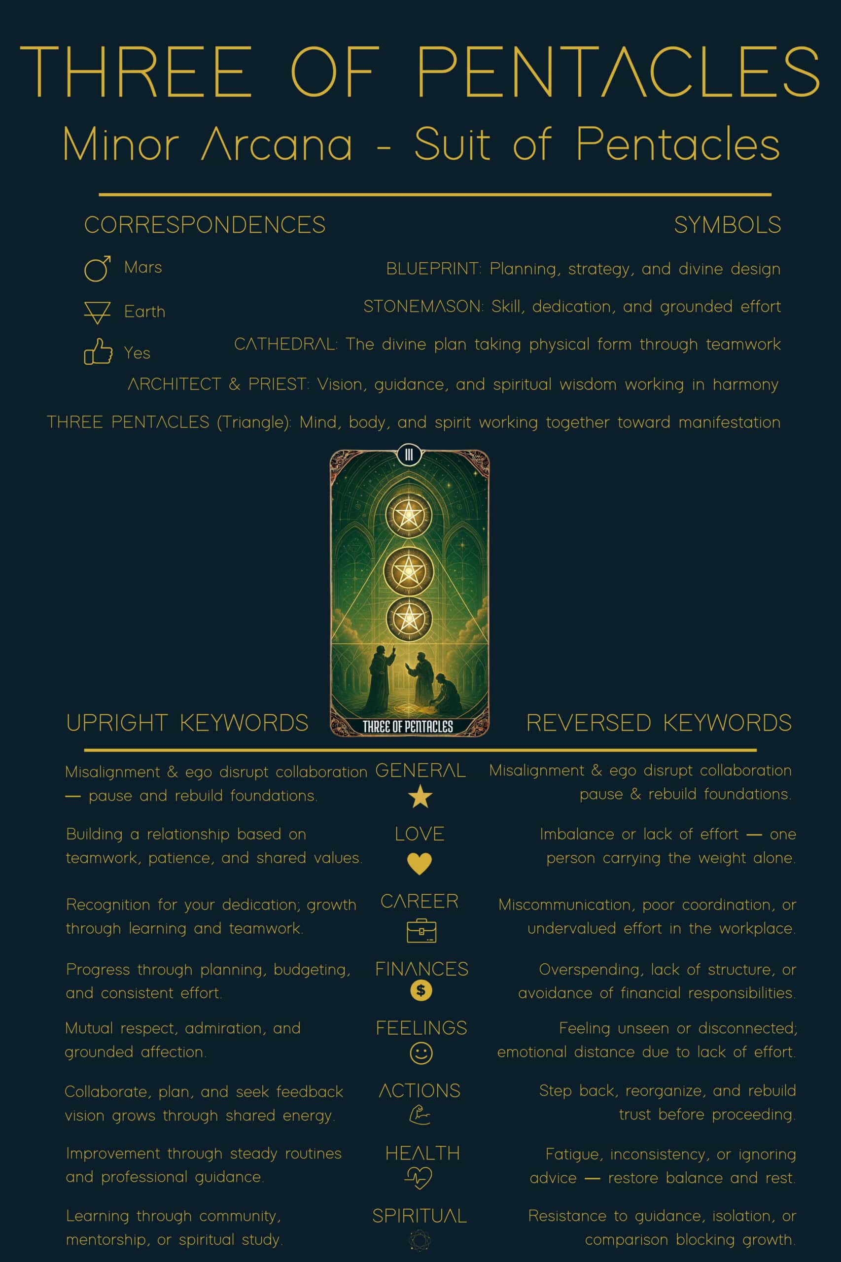 Three of Pentacles Tarot Card Meaning - Minor Arcana Tarot Card Meanings Three of Pentacles tarot card meaning reference sheet displaying correspondences, symbols, upright and reversed keywords, and card interpretation.
