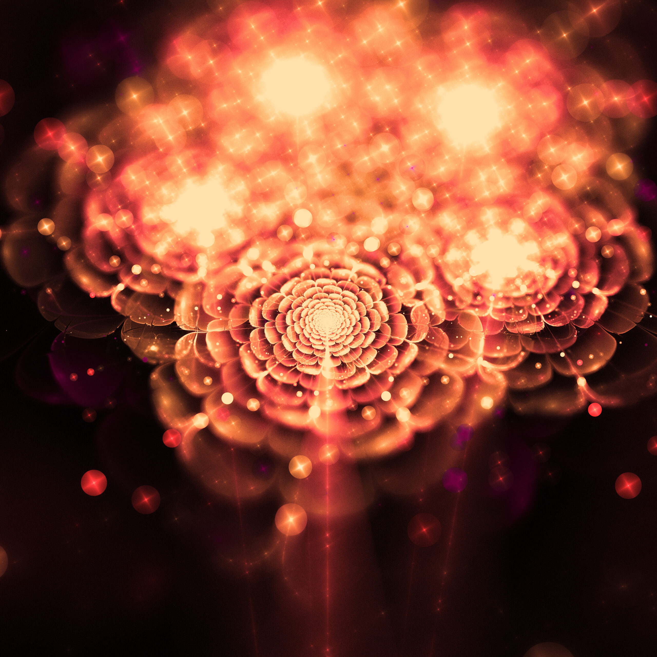 Abstract glowing fractal artwork resembling a golden lotus flower radiating light, symbolizing spiritual grounding and Earth Star Chakra activation.