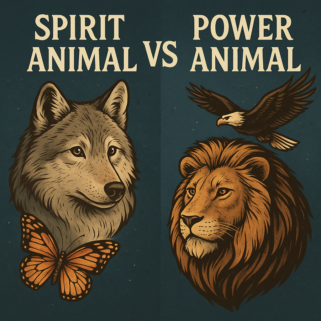 Illustration comparing power animal vs spirit animal, featuring a wolf and butterfly symbolizing spiritual guidance on one side and a lion with an eagle symbolizing strength and inner power on the other.