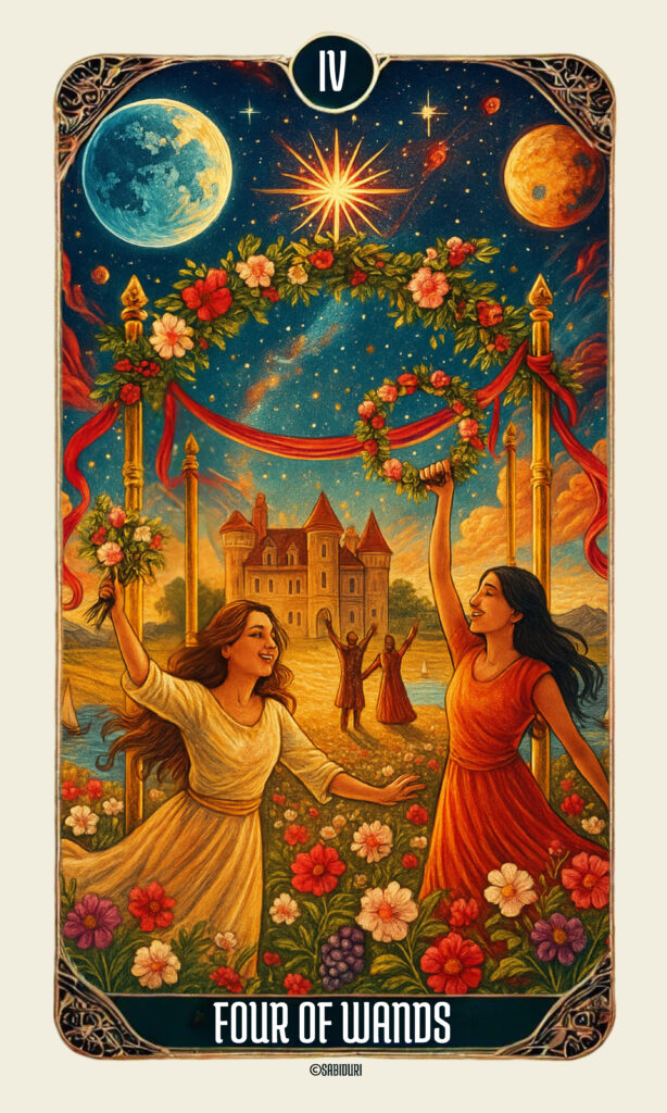 Card 4 of Wands Tarot Meaning - Minor Arcana Tarot Card Meanings Illustrated Four of Wands tarot card showing two figures celebrating beneath a floral canopy with a castle in the background, symbolizing joy and stability as described in the four of wands tarot card meaning.