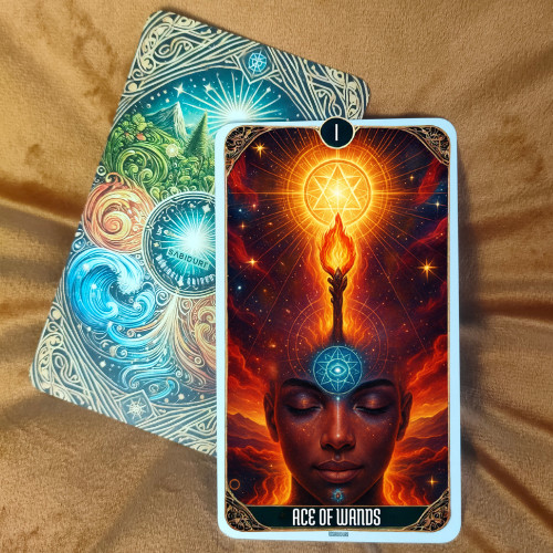 The Ace of Wands Tarot Card Meaning - Minor Arcana Tarot Card Meanings Upright Ace of Wands tarot card resting on a detailed Sabiduri deck, showing a fiery spark emerging from the third eye to represent new beginnings and the Ace of Wands tarot card meaning.