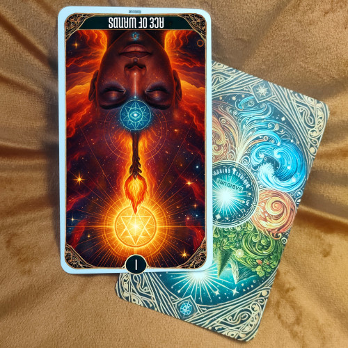 The Ace of Wands Tarot Card Meaning - Minor Arcana Tarot Card Meanings Reversed Ace of Wands tarot card placed over an ornate Sabiduri card back, symbolizing blocked creative energy and delays, illustrating the Ace of Wands tarot card meaning in its shadow form.