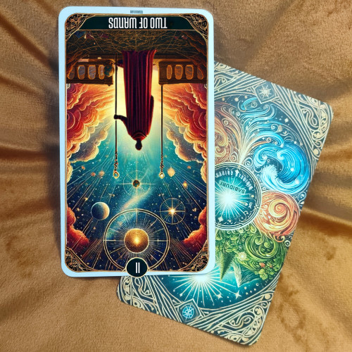 A photo of the reversed Two of Wands tarot card placed on a soft brown velvet surface, showing cosmic artwork with planets, stars, and an upside-down cloaked figure holding two wands. Ideal for illustrating the Two of Wands tarot card meaning in its reversed position.