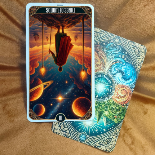 Tarot Three of Wands Card Meaning - Minor Arcana Tarot Card Meanings The reversed three of wands tarot card meaning shown with the card upside down, symbolizing delays, restrictions, and blocked progress.