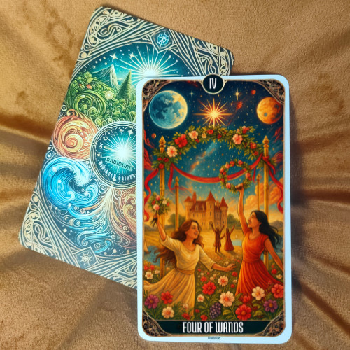 What Does the Suit of Wands Tarot Represent in Tarot? Upright Four of Wands tarot card displayed on a textured surface, representing joy, harmony, and homecoming, reflecting the four of wands tarot card meaning.