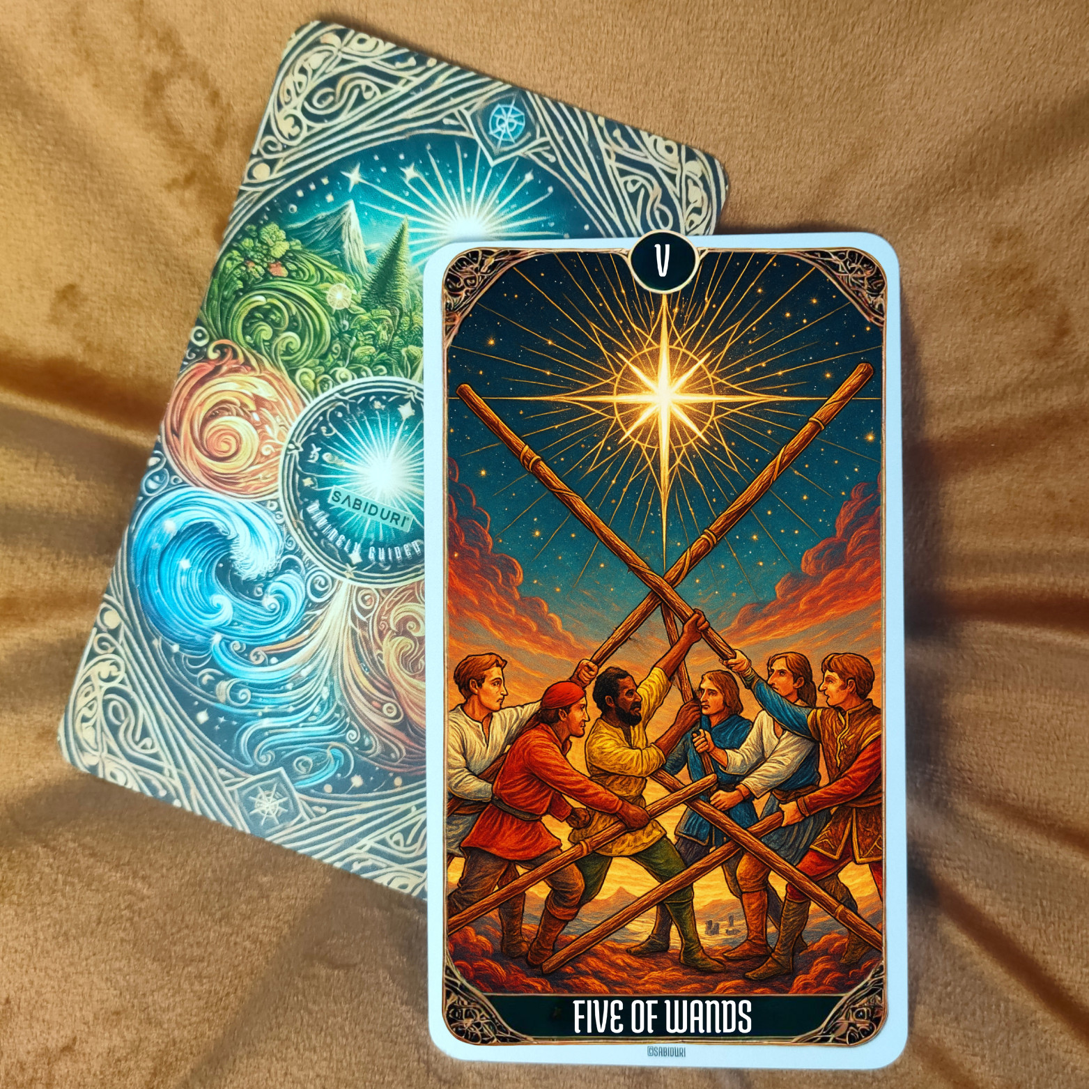 What Does the Suit of Wands Tarot Represent in Tarot? Upright Five of Wands tarot card placed on a mystical deck, symbolizing competition, ego clashes, and scattered energy in the FIVE of Wands tarot card meaning.