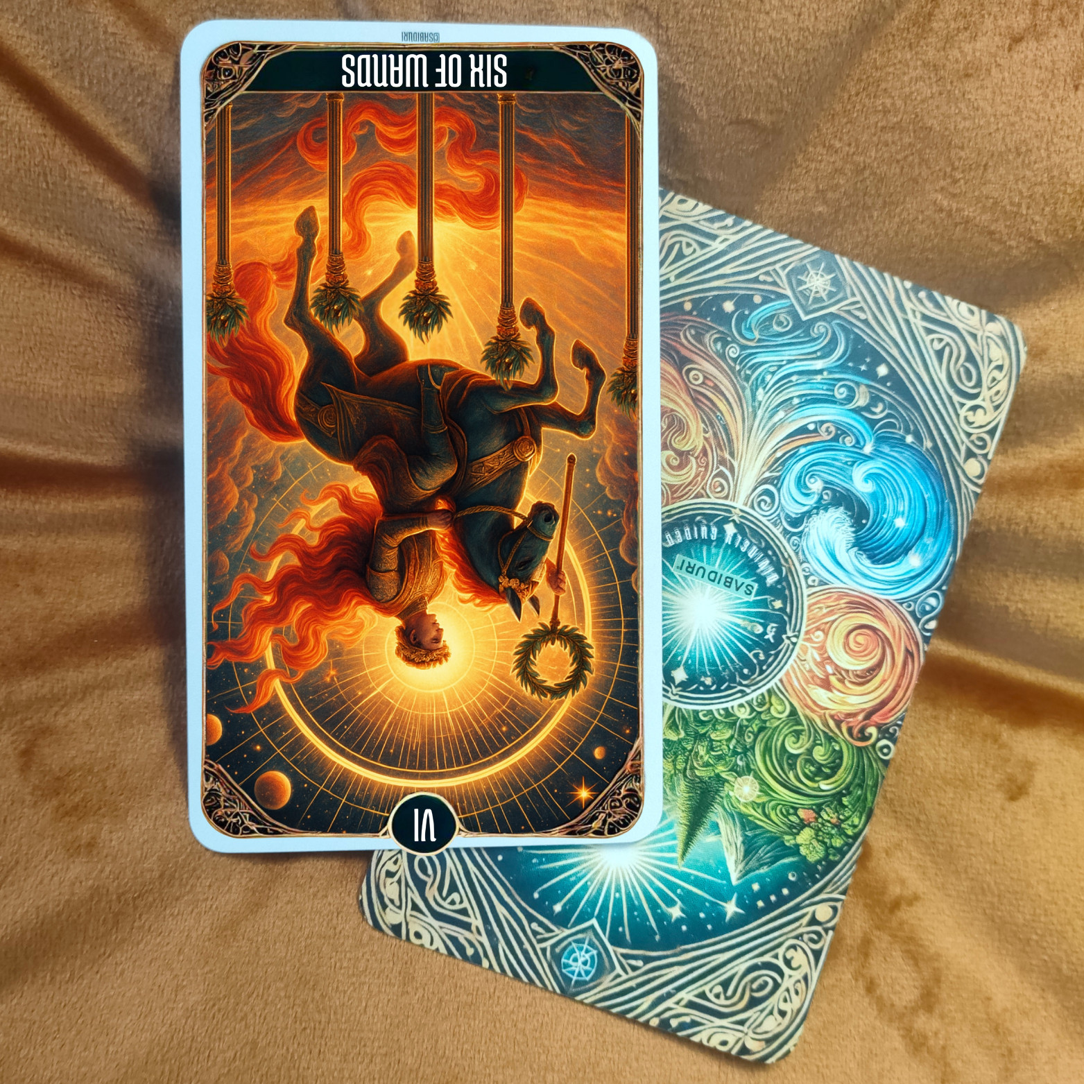 Six of Wands tarot card meaning illustrated through a reversed card on a tarot deck, symbolizing blocked recognition, inner doubt, and challenges with visibility.