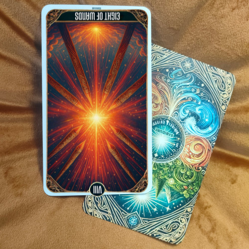 Reversed Eight of Wands tarot card meaning illustrated with fiery wands and intense light, representing delays, miscommunication, and blocked momentum.