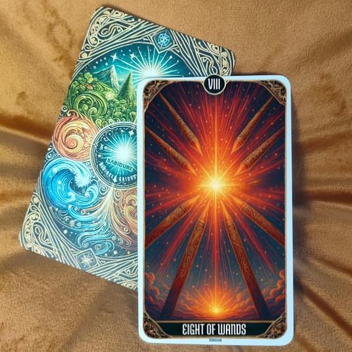 Eight of Wands tarot card meaning shown through a vibrant deck image symbolizing rapid movement, incoming messages, and accelerated energy.