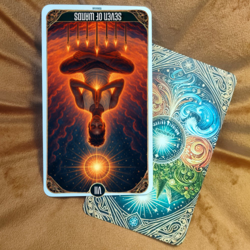Seven of Wands tarot card meaning shown in the reversed position, representing burnout, self-doubt, exhaustion, and questioning whether the fight is worth it.