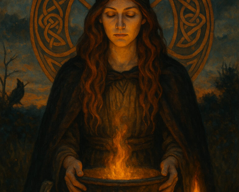 A mystical woman holding a glowing cauldron during Samhain rituals, illustrating what to do for Samhain to honor the spiritual New Year.