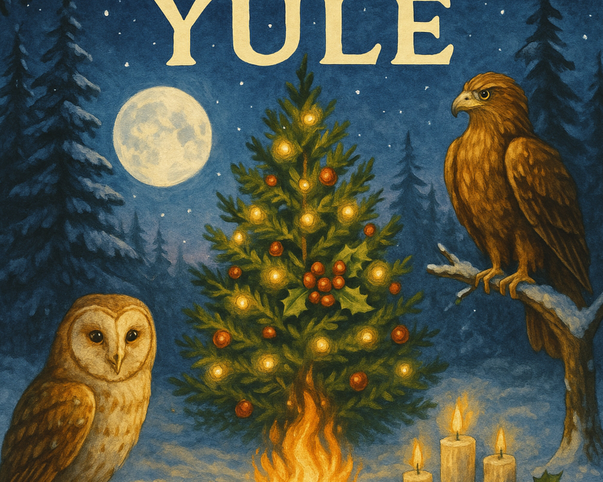 A mystical Yule scene with a decorated evergreen tree, owl, eagle, fire, and candles under a full moon, visually capturing how to celebrate Yule in a pagan and spiritual way.