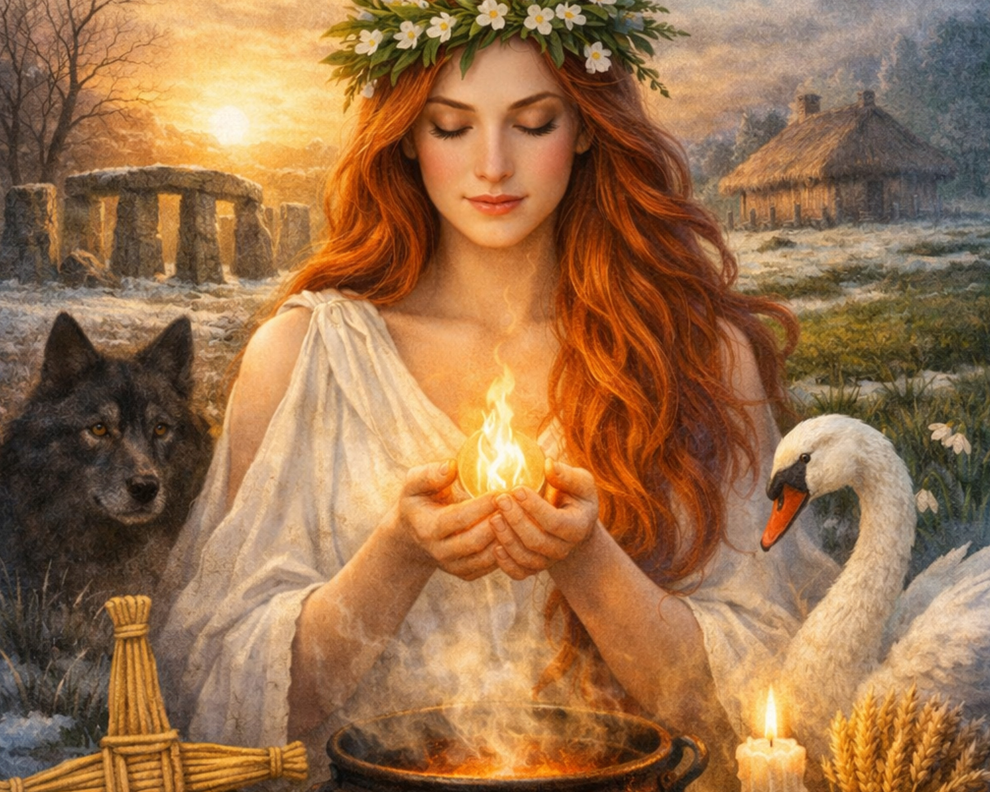 Imbolc celebration artwork of the goddess Brigid holding sacred fire with a wolf and swan, symbolizing inspiration, protection, and returning life