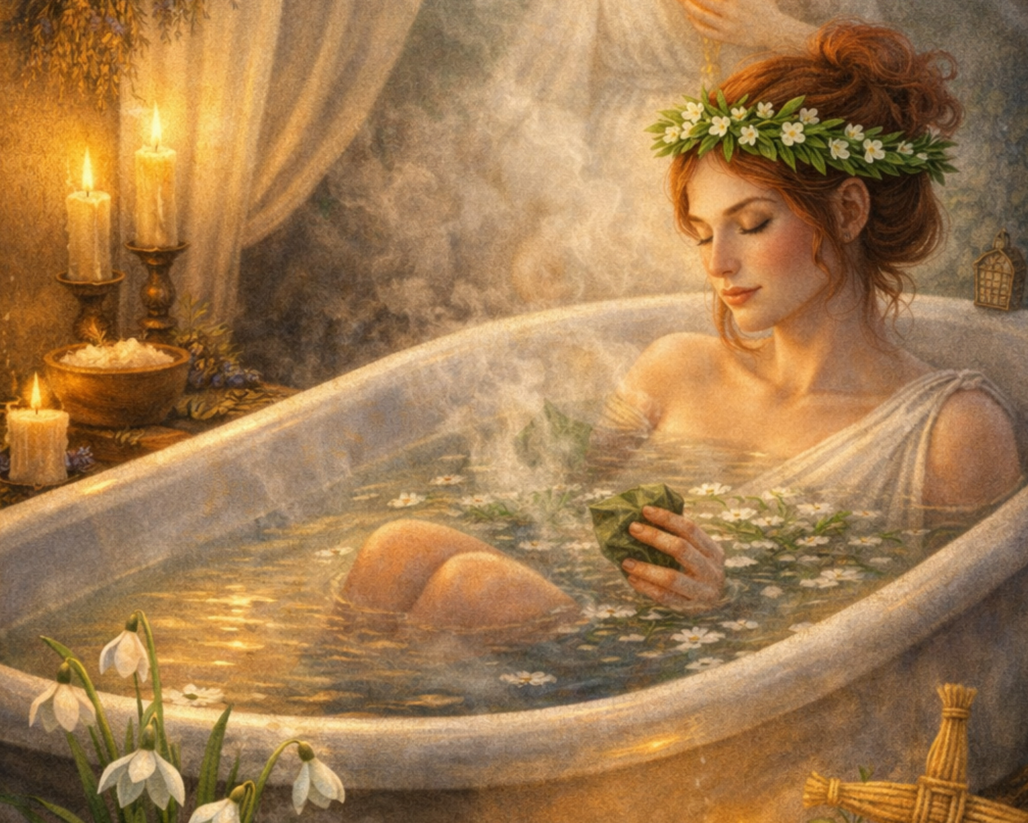 Imbolc celebration cleansing bath ritual with candles, herbs, warm water, and soft light representing purification and renewal