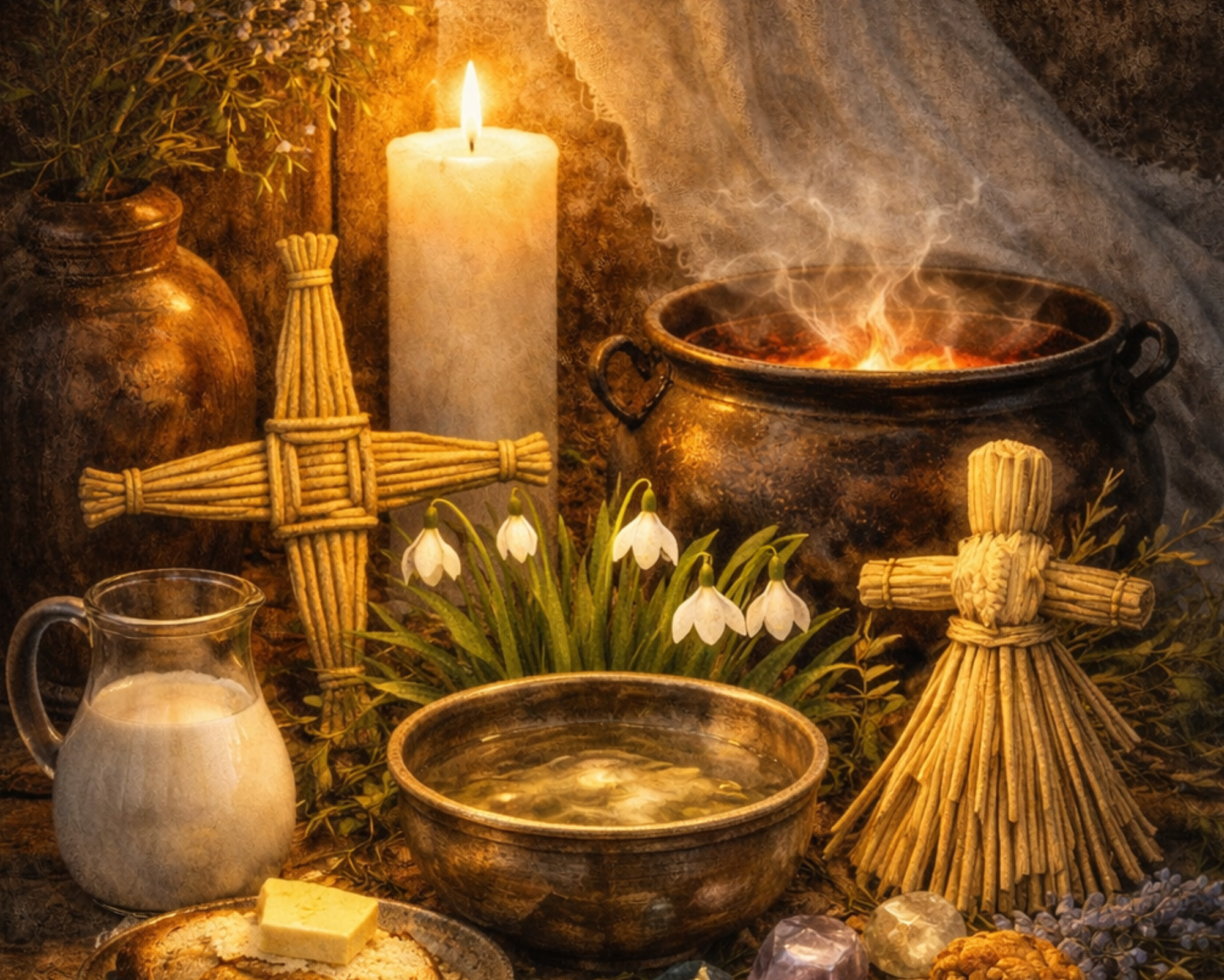 Imbolc celebration altar with Brigid crosses, candles, milk, fire cauldron, and snowdrops symbolizing purification and the return of light