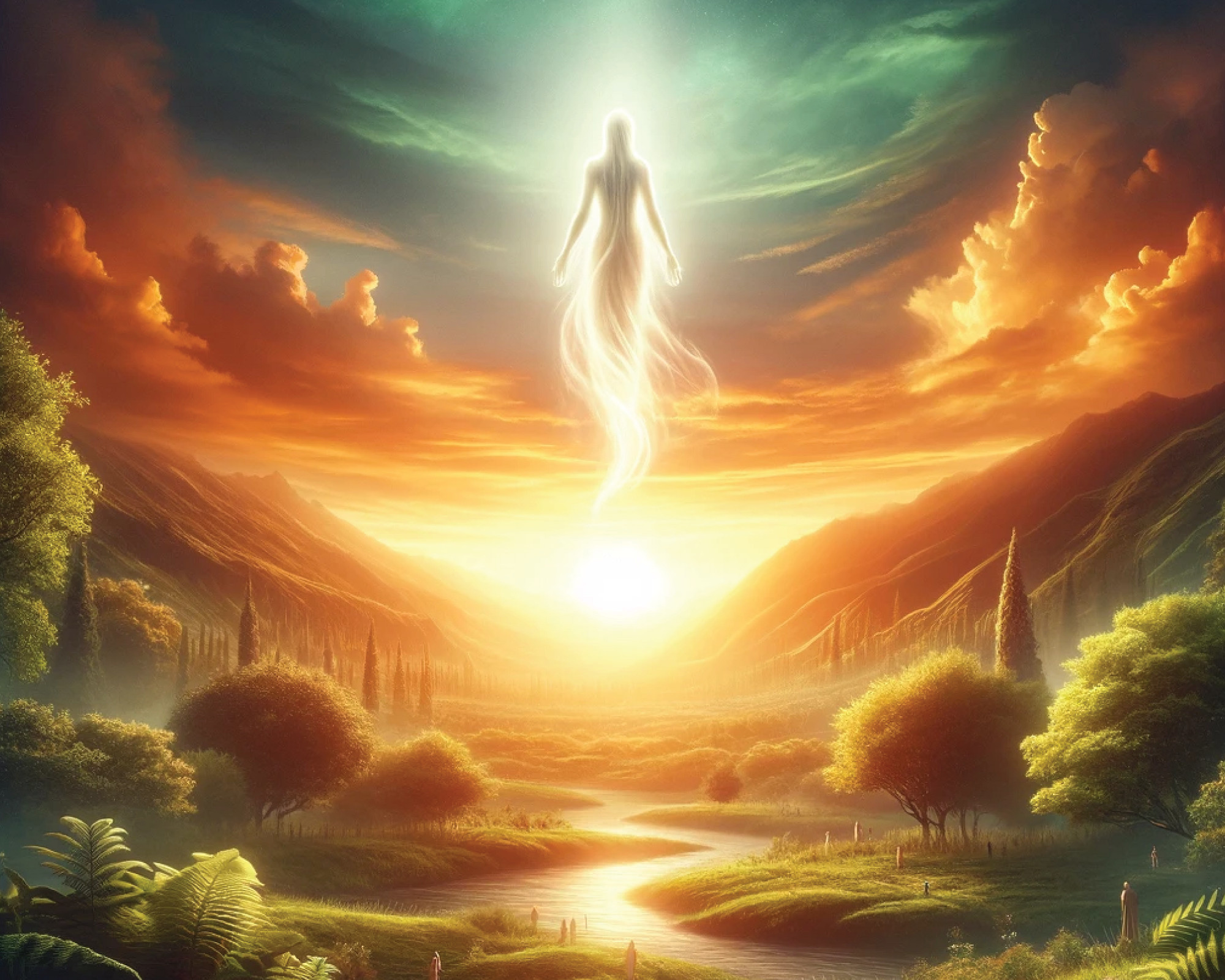 Mystical depiction of the power animal vs spirit animal concept showing a radiant spirit rising over a golden valley, symbolizing divine connection between human energy and nature.