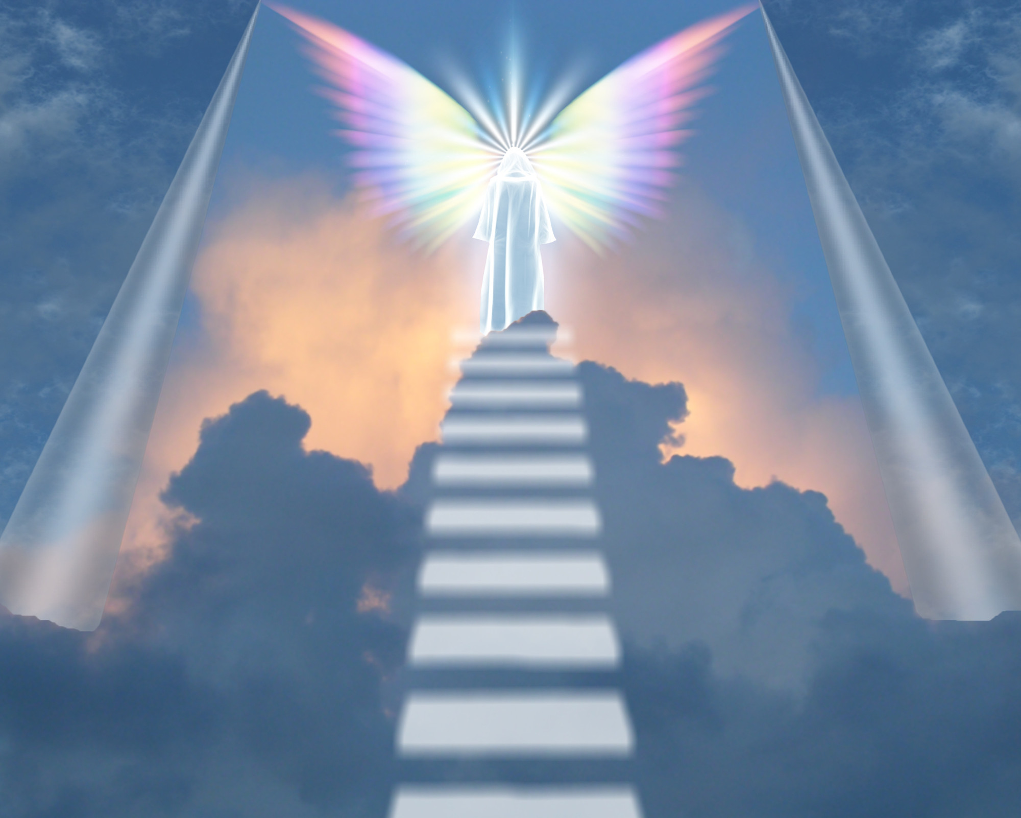 Mystical depiction of angel number 11 symbolism, showing a radiant angel with rainbow wings standing at the top of a staircase through the clouds.