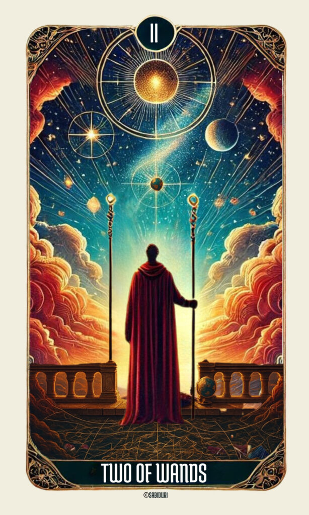 High-resolution artwork of the Two of Wands tarot card featuring a cloaked figure standing between two wands beneath a celestial sky filled with suns, stars, and planetary orbits. This image beautifully captures the essence of the Two of Wands tarot card meaning.