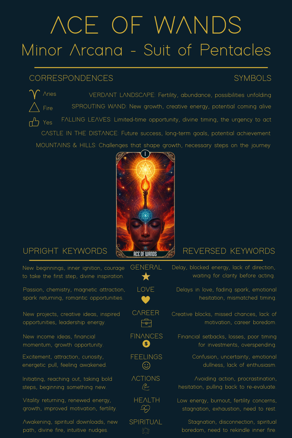 The Ace of Wands Tarot Card Meaning - Minor Arcana Tarot Card Meanings Detailed Ace of Wands tarot cheat sheet showing correspondences, symbols, upright keywords, and reversed keywords, visually summarizing the Ace of Wands tarot card meaning.
