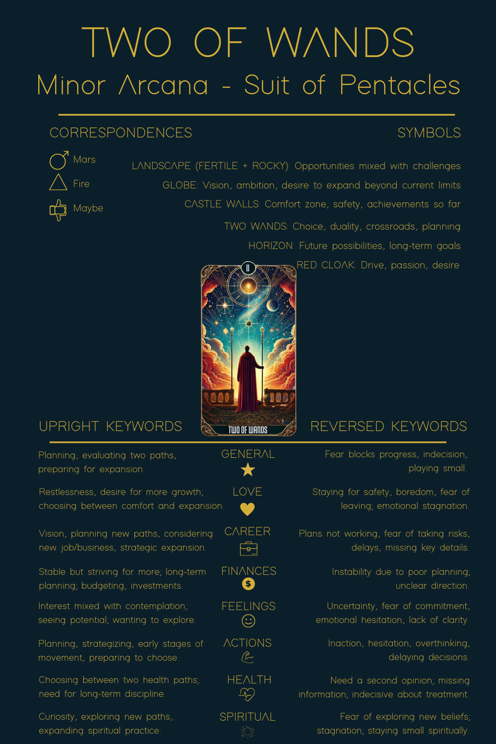 A detailed Two of Wands tarot card cheat sheet showing correspondences, symbols, upright and reversed keywords, and category meanings. Visually styled in dark blue and gold, this graphic summarizes the core Two of Wands tarot card meaning for quick study.