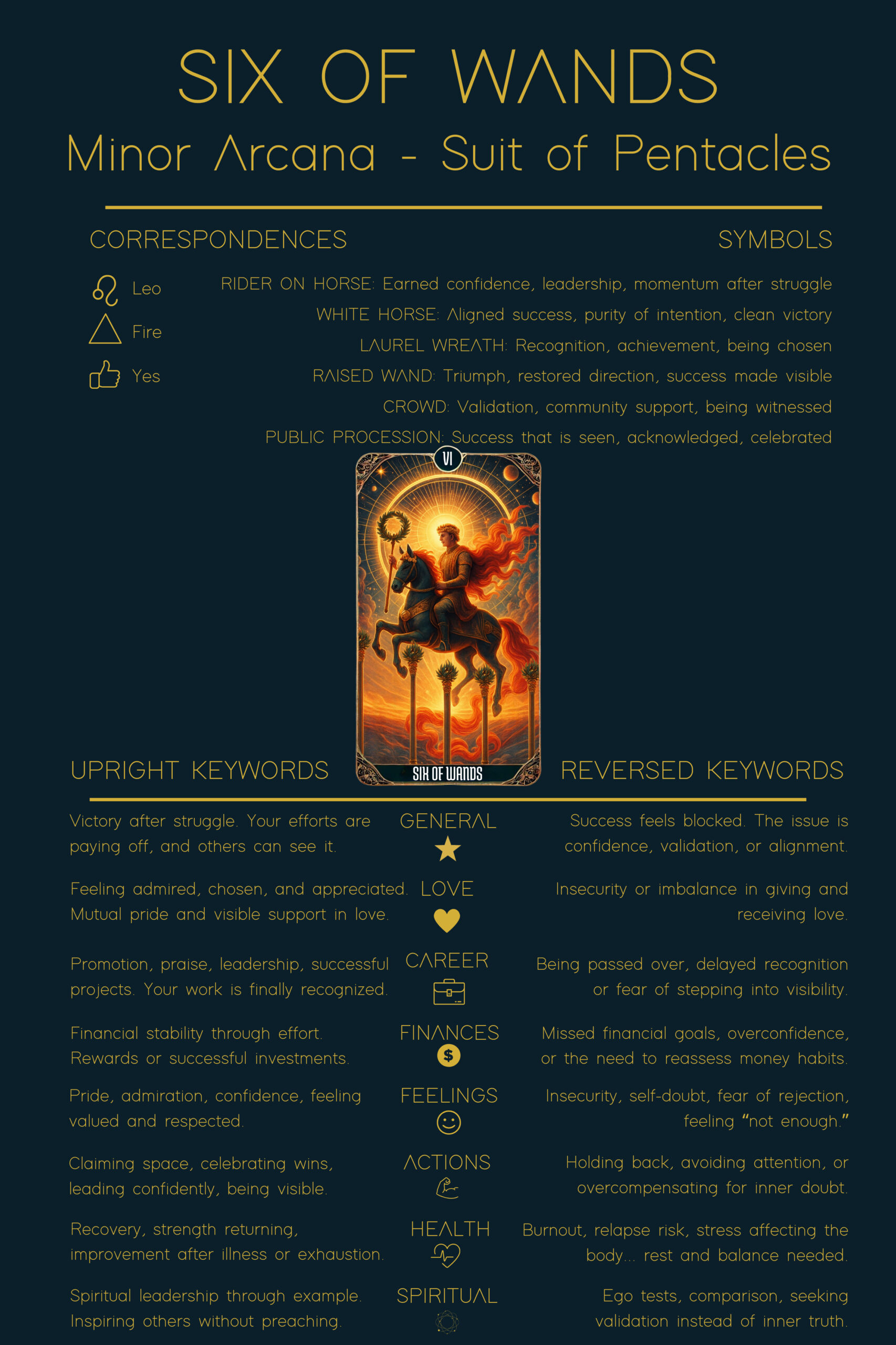 Six of Wands tarot card meaning cheat sheet showing correspondences, symbols, upright and reversed meanings for love, career, finances, health, feelings, actions, and spirituality.