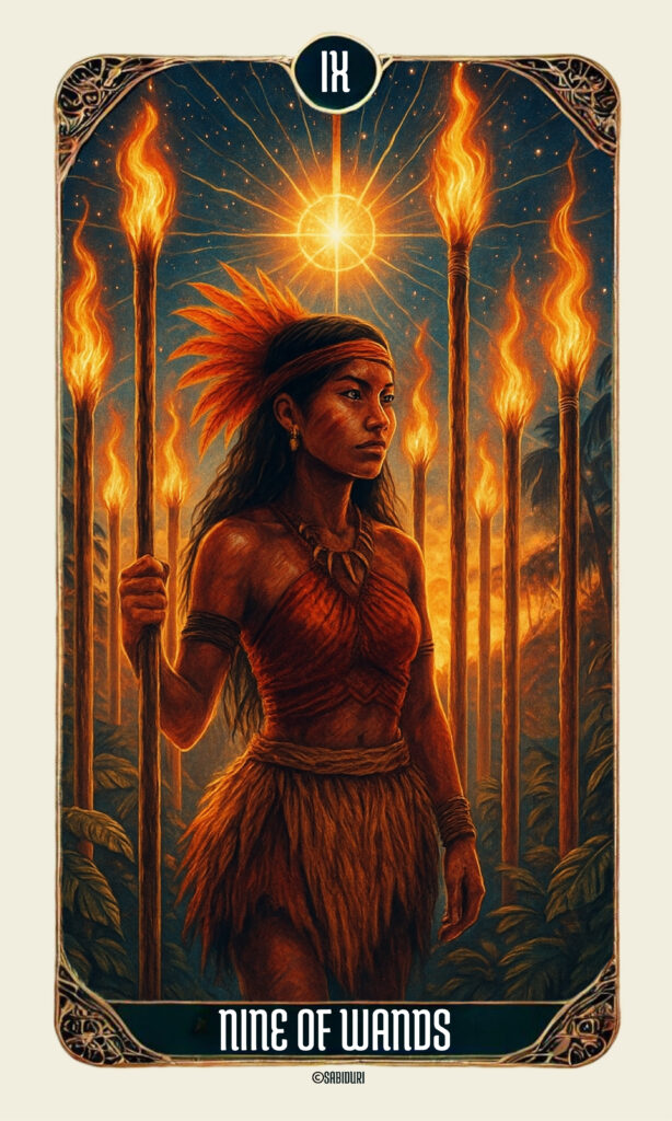 9 of Wands Tarot Card Meaning - Minor Arcana Tarot Card Meanings 9 of Wands tarot card meaning depicted through a powerful meditative figure surrounded by fire, symbolizing resilience, spiritual integrity, and inner authority.